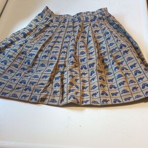 British Khaki Tan & Blue Cotton Flannel Skirt, Size 4, Elephants & Camels, Plaid